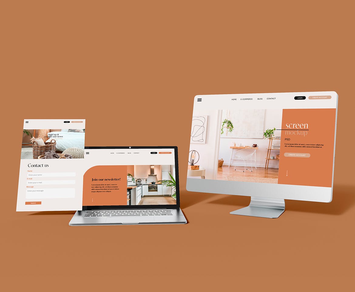 网页屏幕电脑和笔记本电脑样机psd模板 Computer and Laptop with Web Page Screens Mockup 样机素材 sucaiwan.com