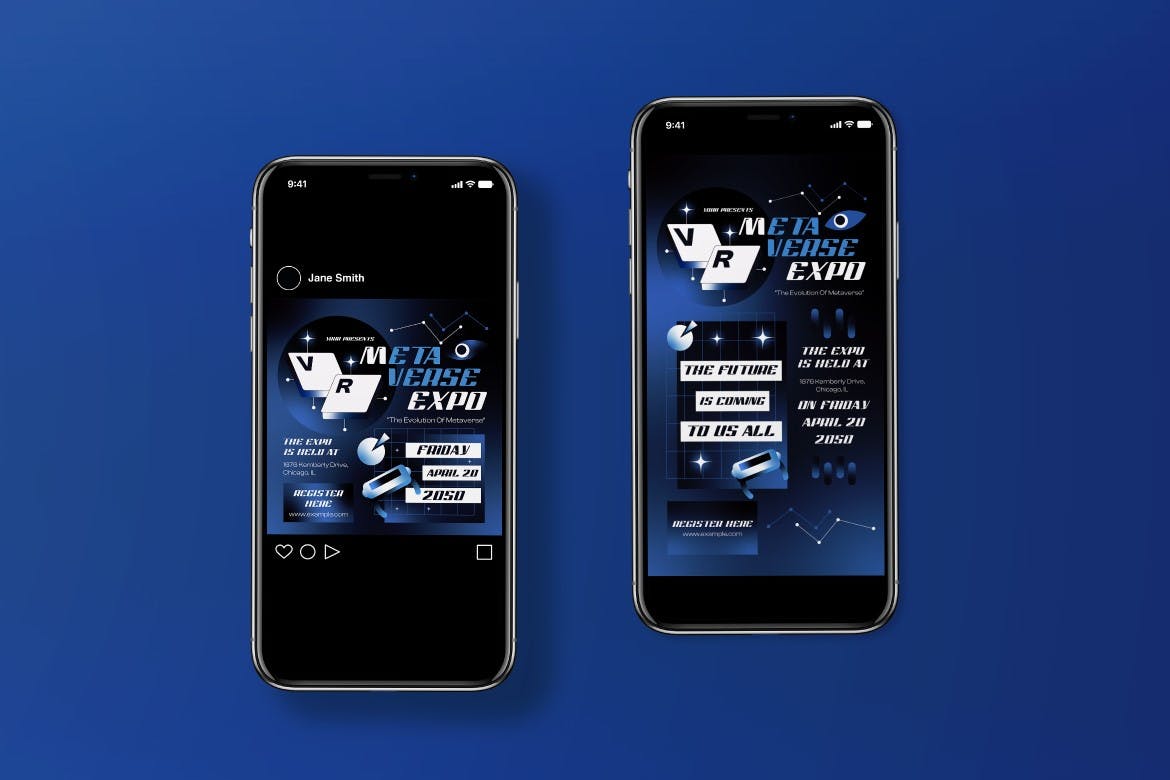 蓝色渐变未来主义元宇宙博览会海报模板下载 Blue Gradient Futuristic Metaverse Expo Flyer Set 设计素材 sucaiwan.com