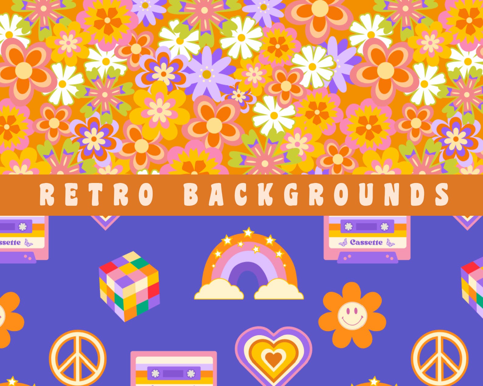 90年代复古嬉皮士无缝图案 Retro Hippie Seamless Patterns 90s 图片素材 sucaiwan.com
