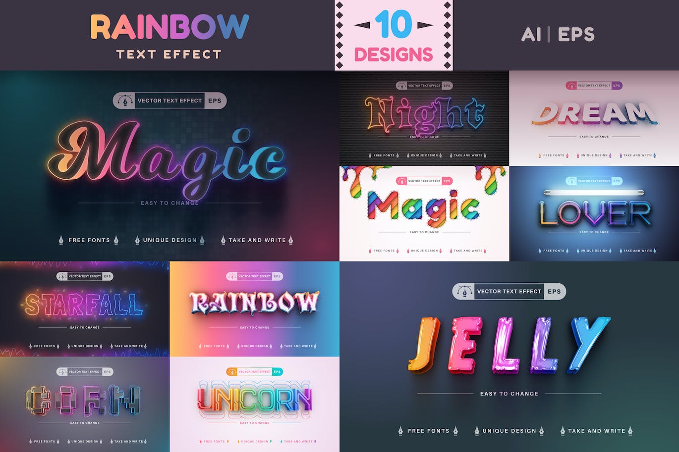 10种渐变彩虹矢量文字效果字体样式 Set 10 Rainbow Editable Text Effects, Font Styles 插件预设 sucaiwan.com