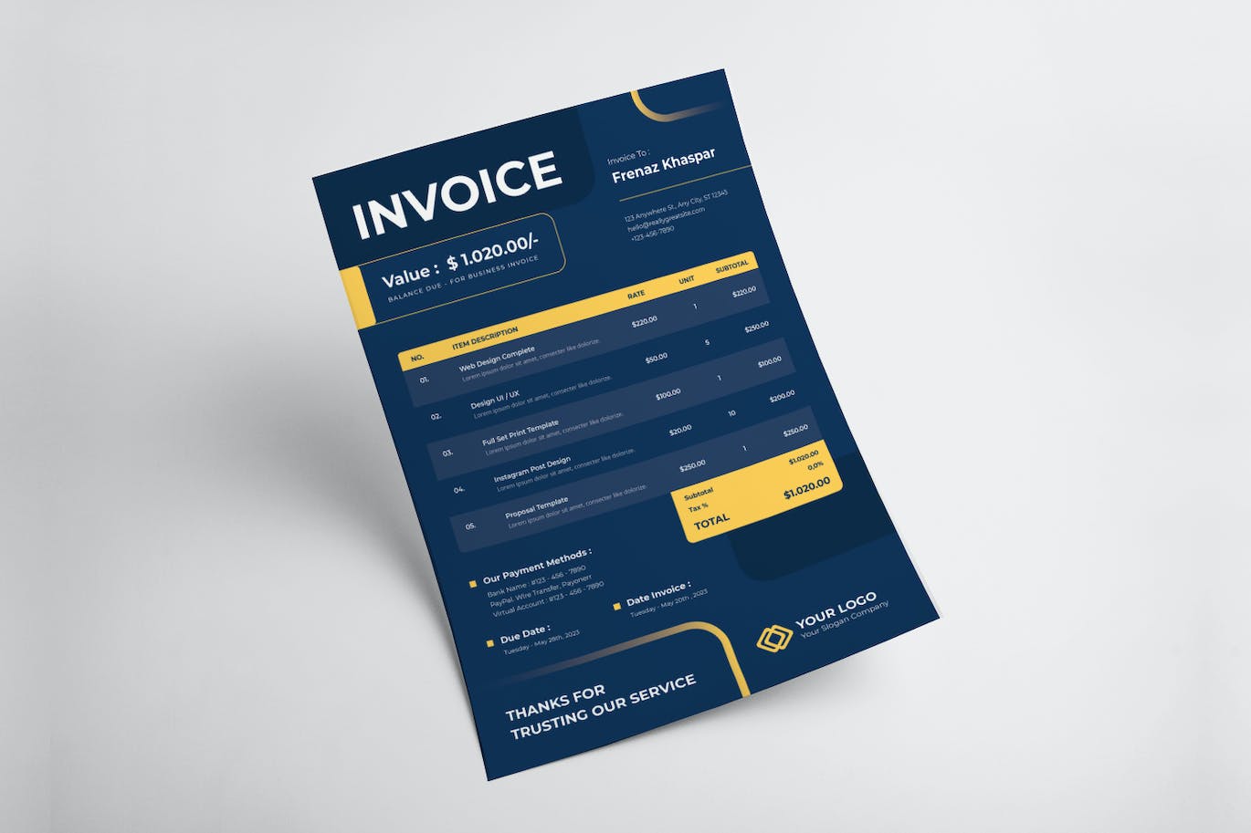 蓝黄配色商业单据发票设计模板 Blue Yellow Invoice 设计素材 sucaiwan.com