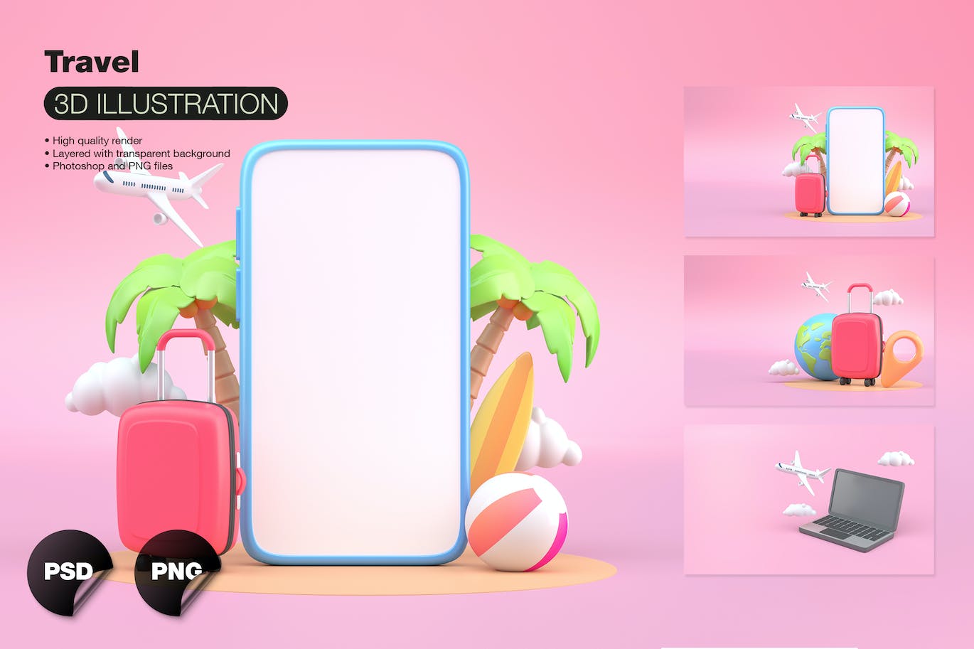 旅行元素3D对象插画psd素材 Set Traveling objects 设计素材 sucaiwan.com