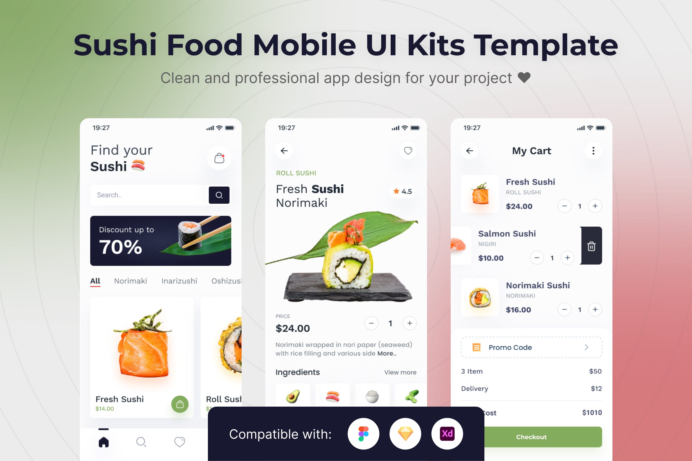 寿司食品App移动应用UI套件模板 Sushi Food Mobile App UI Kits Template APP UI sucaiwan.com