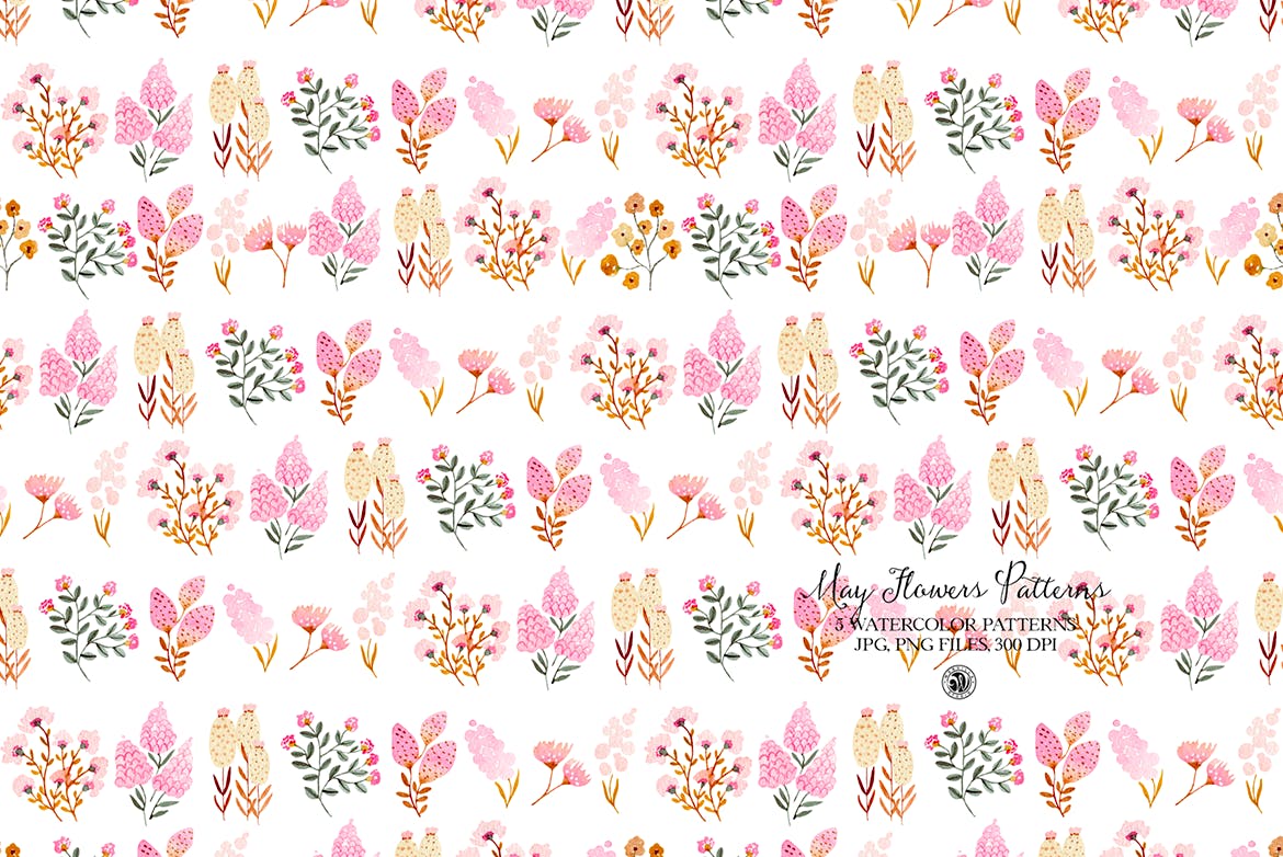 花朵绿植水彩图案素材 May Flowers Watercolor Patterns 图片素材 sucaiwan.com