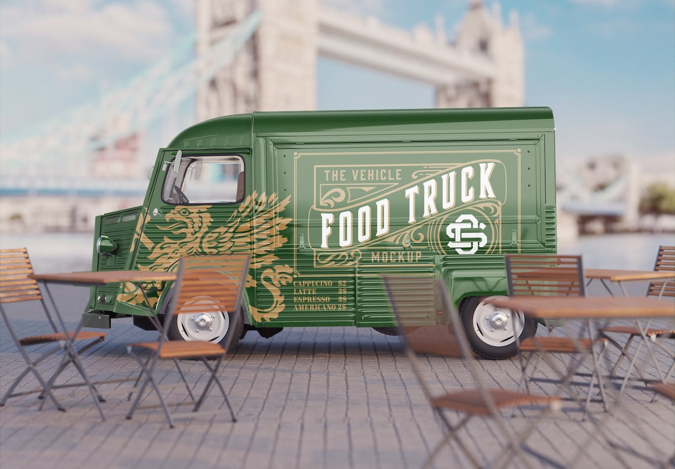 复古餐车广告场景样机图 Set Vintage Food Truck Scene Mockup 样机素材 sucaiwan.com