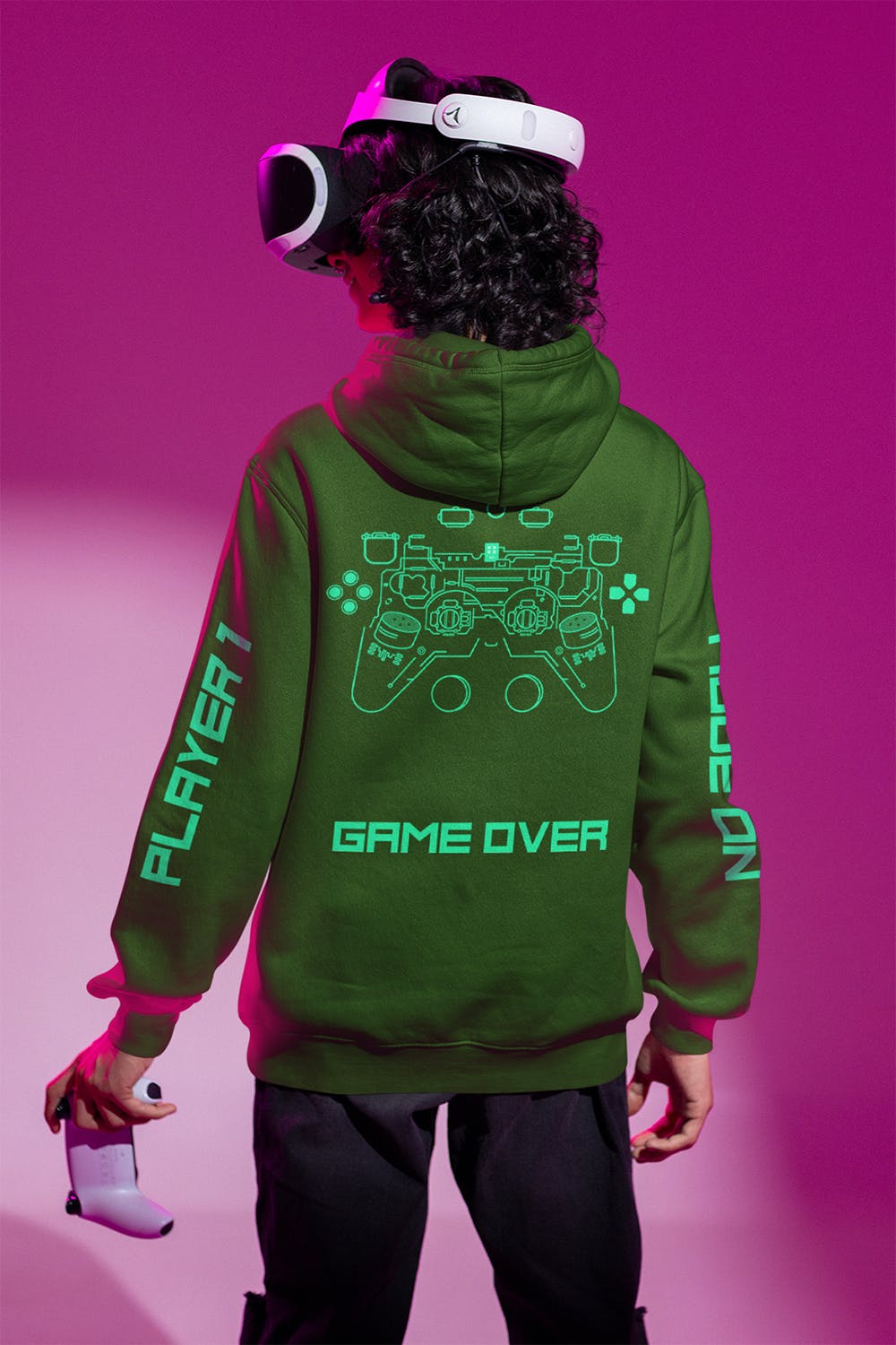 年轻游戏玩家连帽衫背面展示样机图 Back View Hoodie Mockup of a Young Gamer 样机素材 sucaiwan.com