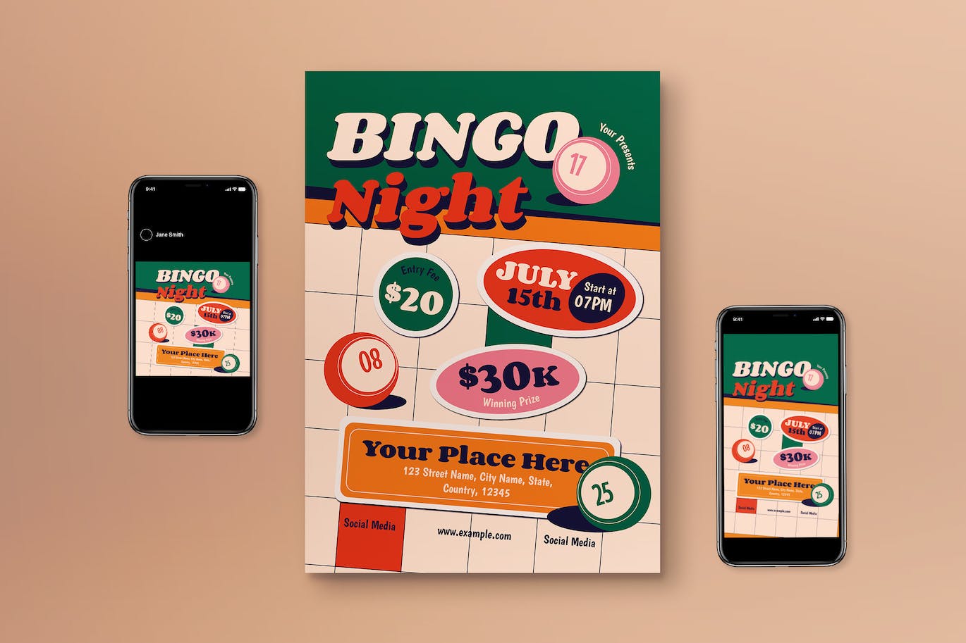 白色平面设计宾果之夜宣传单素材 White Flat Design Bingo Night Flyer Set 设计素材 sucaiwan.com
