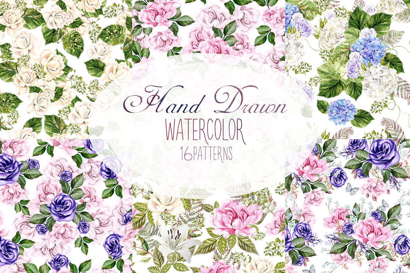 16个水彩多彩花朵图案素材 16 Watercolor Pattern 图片素材 sucaiwan.com