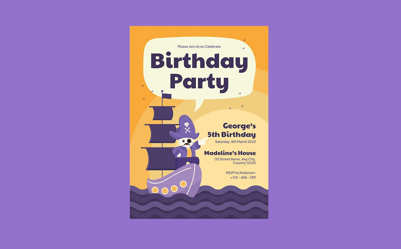 海盗主题儿童生日邀请函设计模板 Kids Birthday Invitation – Pirates Theme 设计素材 sucaiwan.com