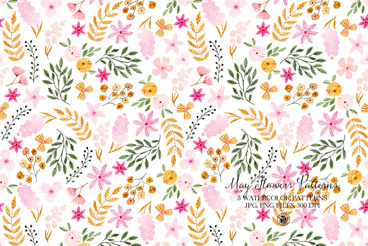 花朵绿植水彩图案素材 May Flowers Watercolor Patterns 图片素材 sucaiwan.com
