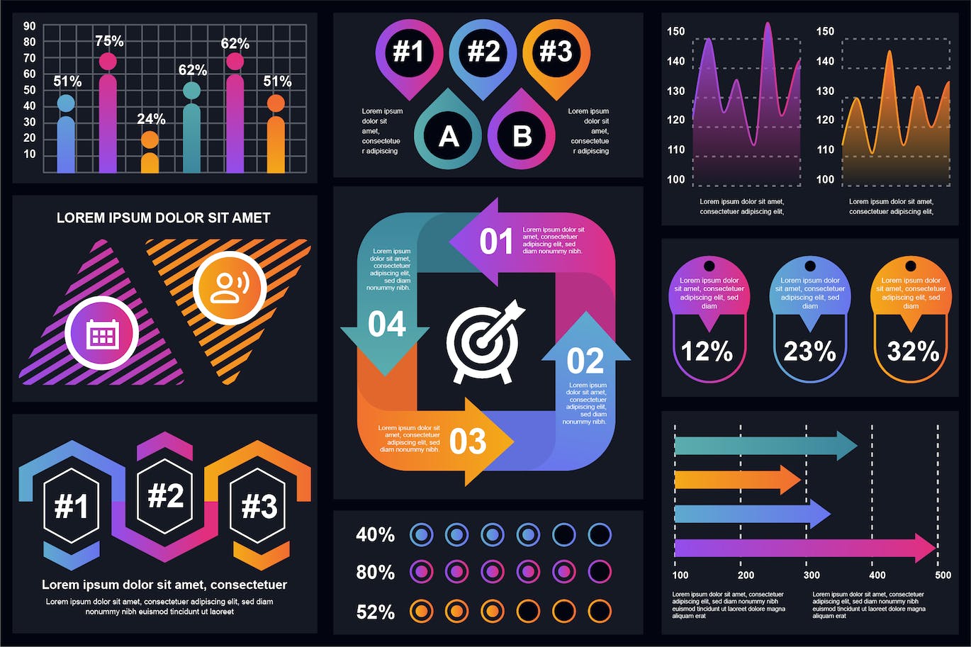步骤方案信息数据图表设计矢量模板 Set of Infographics 幻灯图表 sucaiwan.com