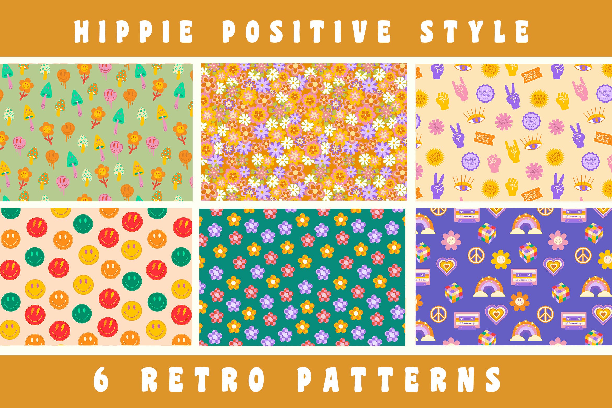 90年代复古嬉皮士无缝图案 Retro Hippie Seamless Patterns 90s 图片素材 sucaiwan.com