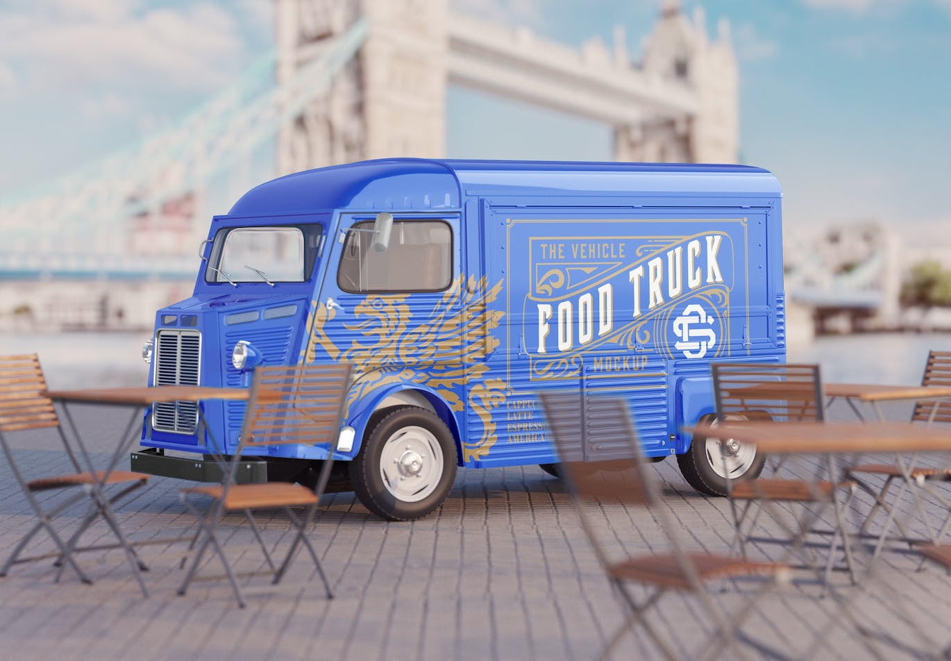 复古餐车广告场景样机图 Set Vintage Food Truck Scene Mockup 样机素材 sucaiwan.com