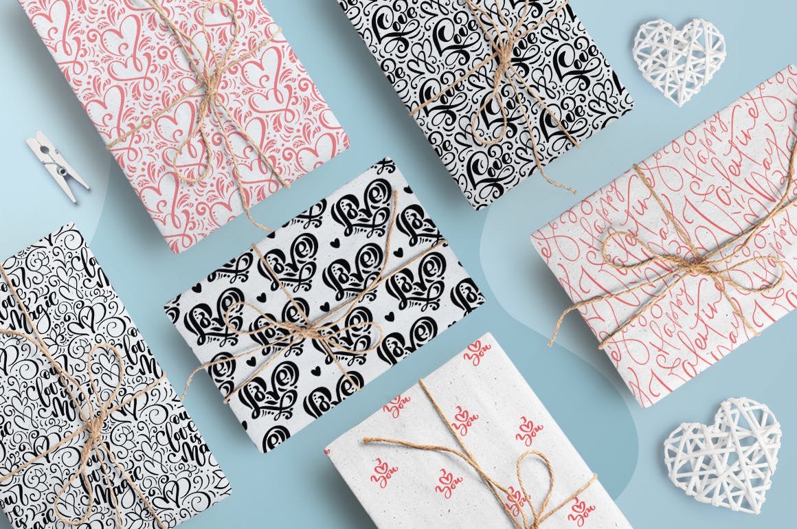 情人节爱心手绘无缝图案 Valentine`s Hand Drawn Seamless Patterns 图片素材 sucaiwan.com