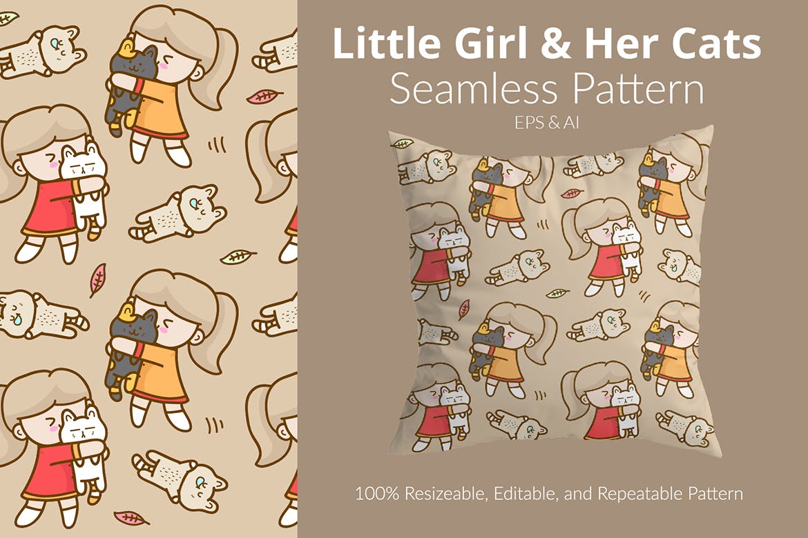 女孩猫咪图案素材 Her Cats Pattern 图片素材 sucaiwan.com