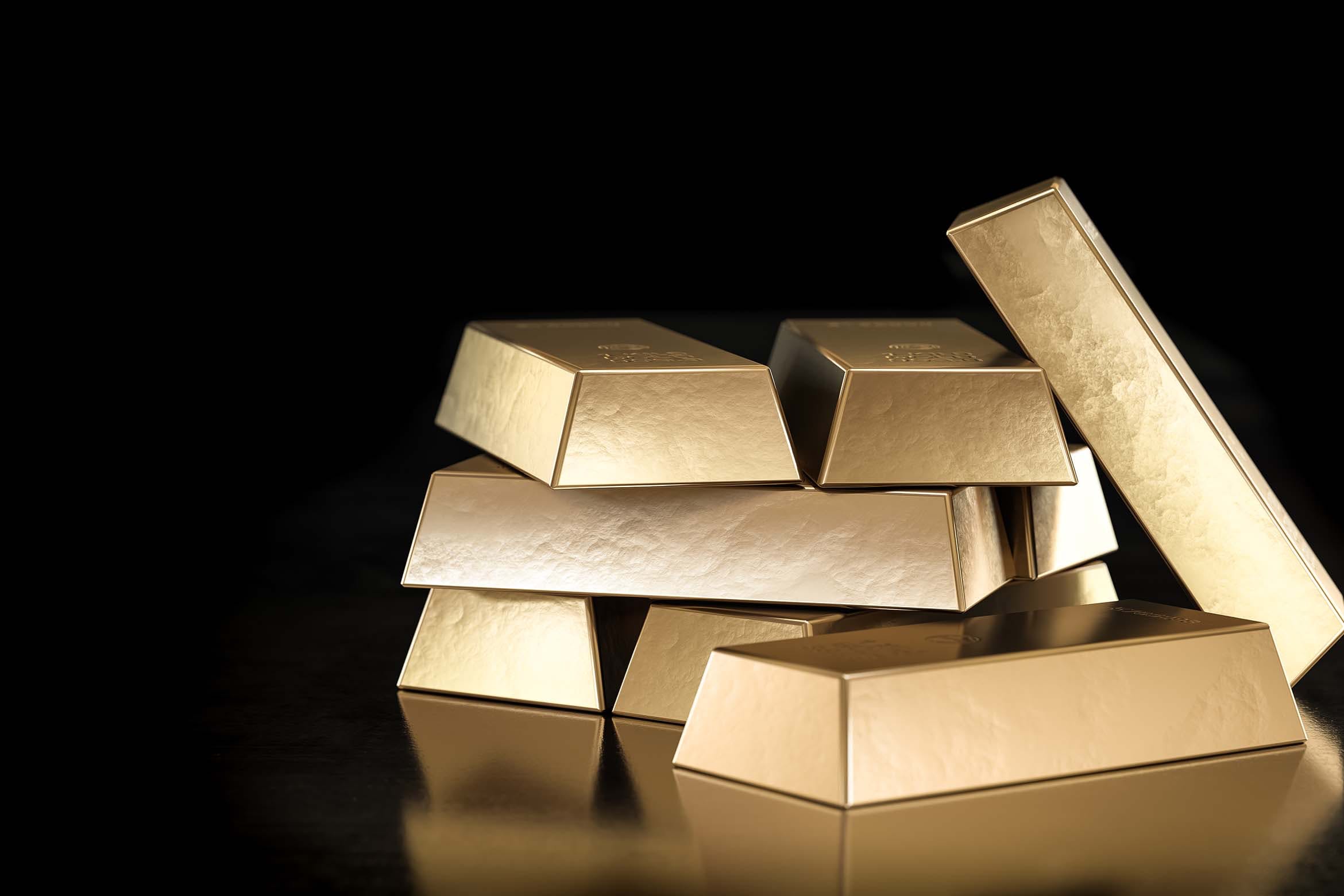 逼真堆叠金条黑色背景 Stack of Gold Bars on Black Background, Copy Space 图片素材 sucaiwan.com