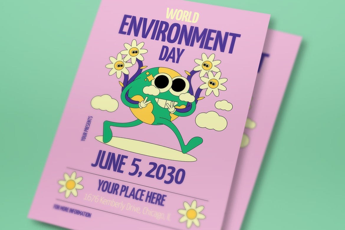 粉红色扁平设计世界环境日海报模板 Pink Flat Design World Environment Day Flyer Set 设计素材 sucaiwan.com