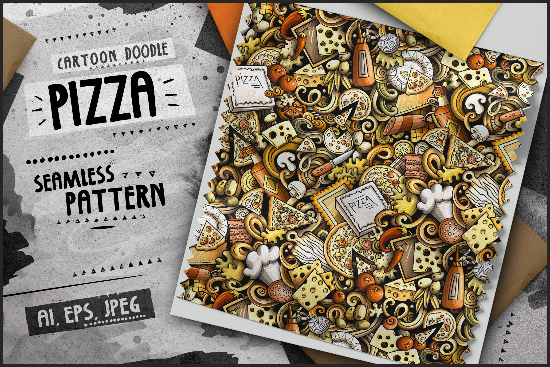披萨卡通无缝图案素材 Pizza Cartoon Seamless Pattern 图片素材 sucaiwan.com