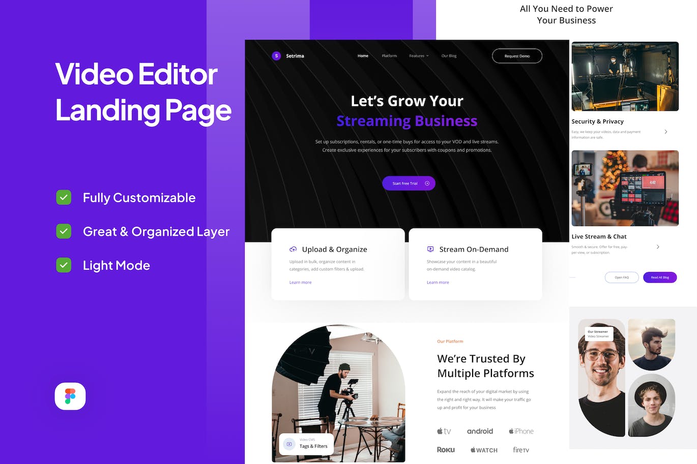 视频编辑器网站着陆页模板 Setrima – Modern Video Editor Landing Page APP UI sucaiwan.com