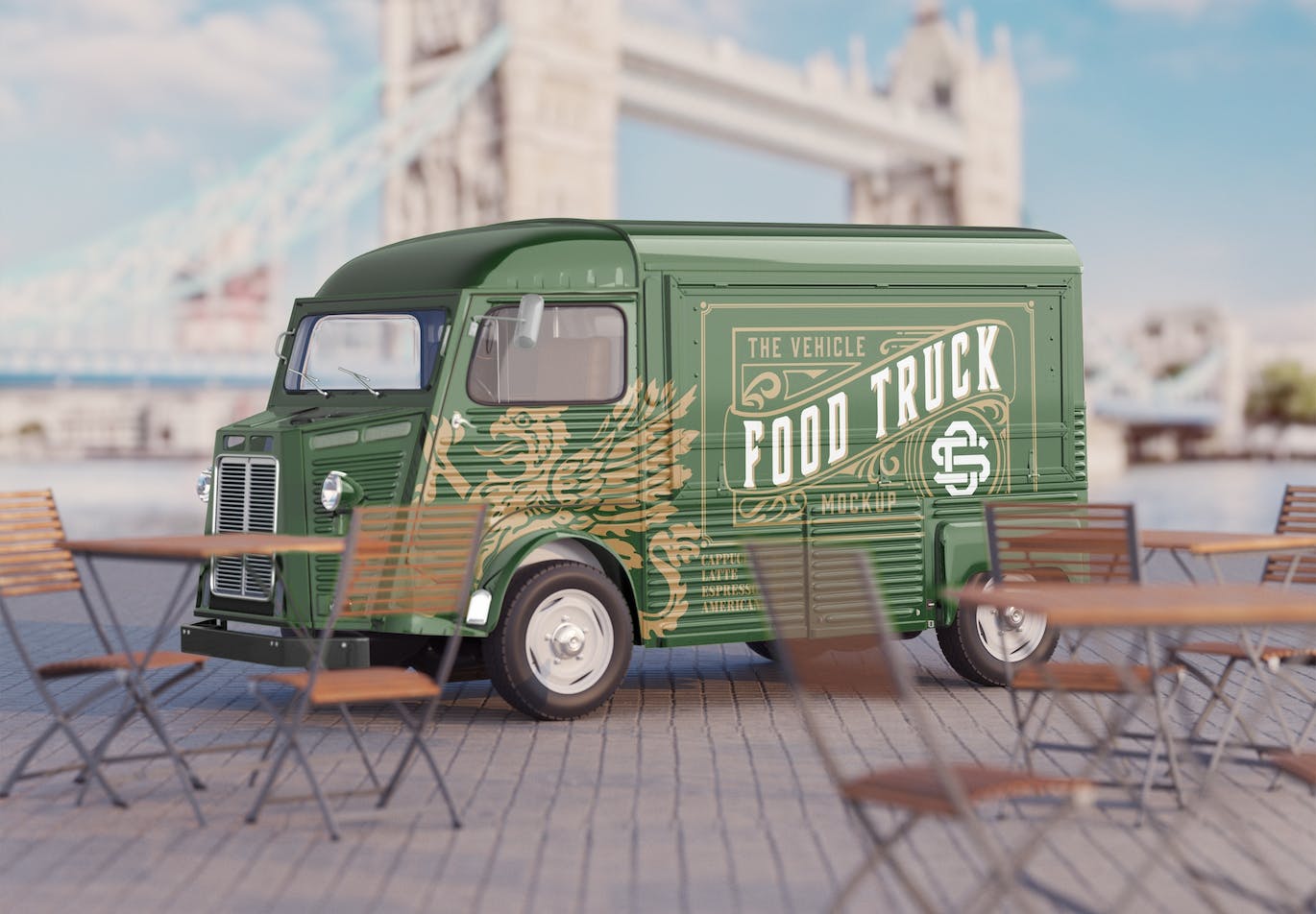 复古餐车广告场景样机图 Set Vintage Food Truck Scene Mockup 样机素材 sucaiwan.com