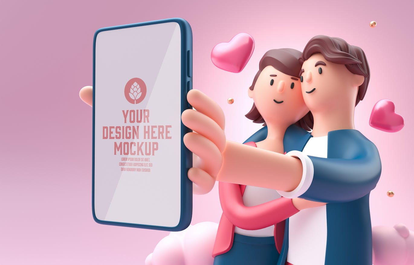 情人节3D装饰手机屏幕样机图psd素材 Set Valentine’s Day Concept with Mobile Mockup 样机素材 sucaiwan.com