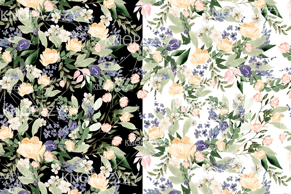 手绘彩色花卉水彩图案素材 Hand Drawn Watercolor 15 Patterns 图片素材 sucaiwan.com