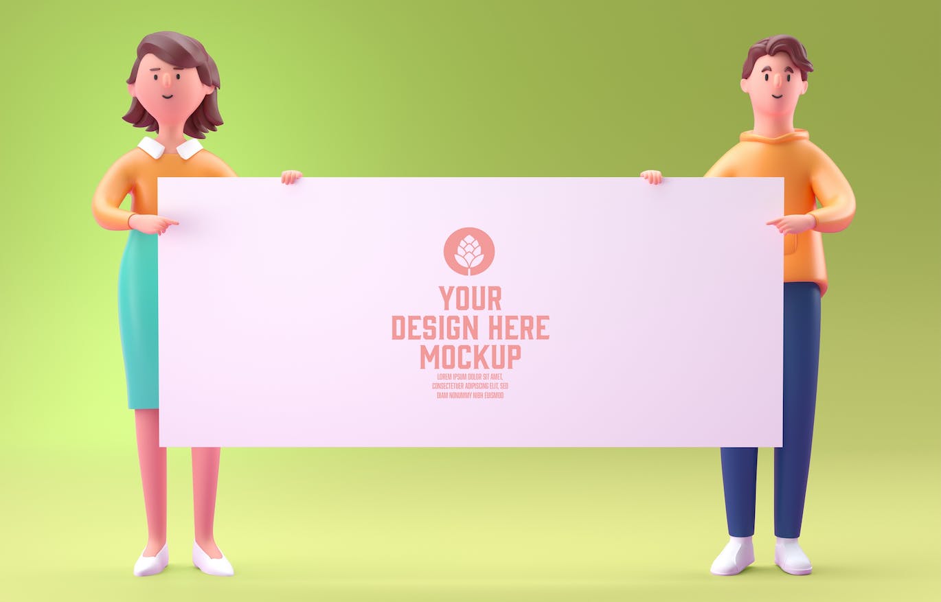 3D角色白板&手机屏幕展示样机图psd素材 Set People with white Board and Mobile Mockup 样机素材 sucaiwan.com