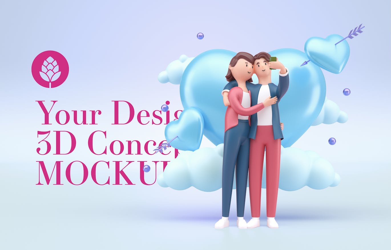 爱心情人节3D概念样机图psd素材 Set Valentine’s Day Concept Mockup 样机素材 sucaiwan.com