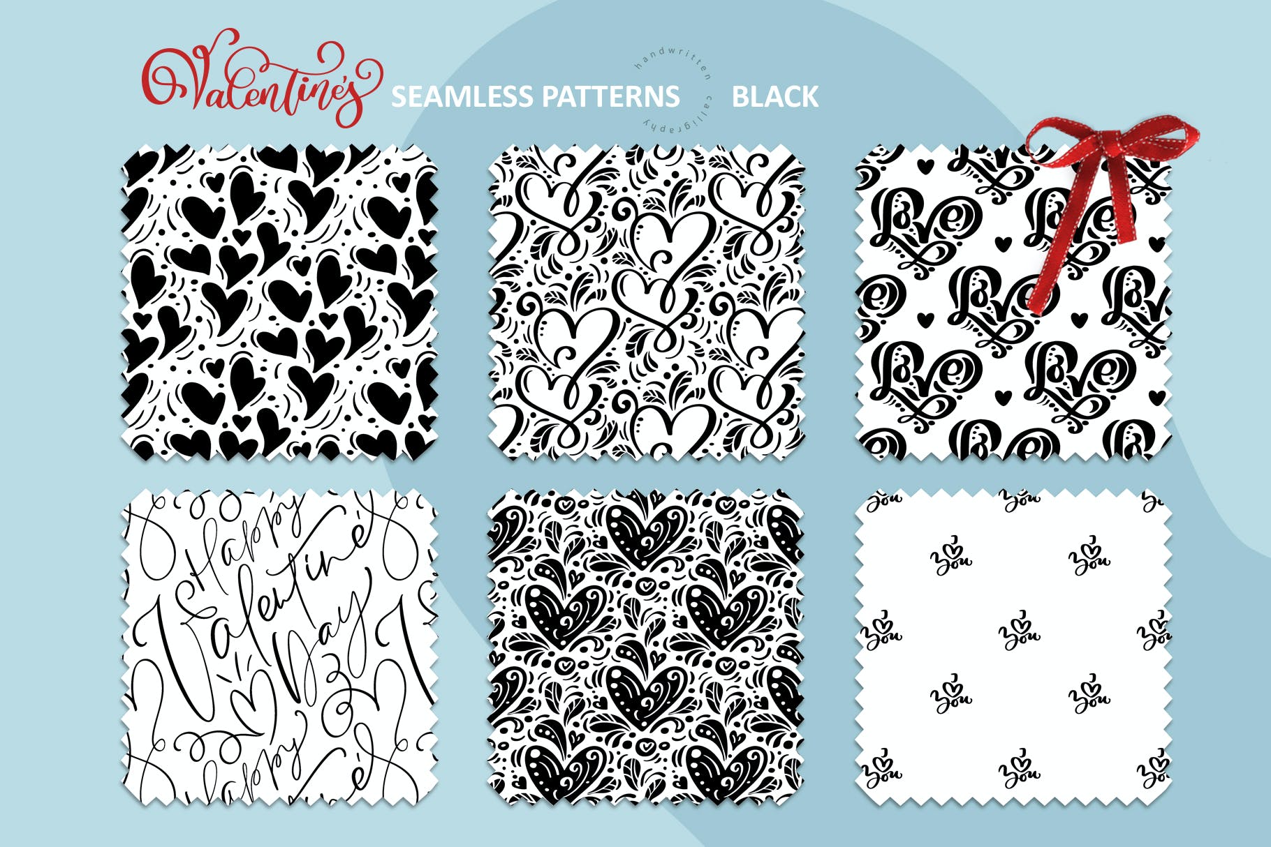 情人节爱心手绘无缝图案 Valentine`s Hand Drawn Seamless Patterns 图片素材 sucaiwan.com