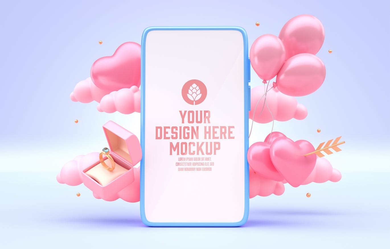 情人节3D装饰手机屏幕样机图psd素材 Set Valentine’s Day Concept with Mobile Mockup 样机素材 sucaiwan.com