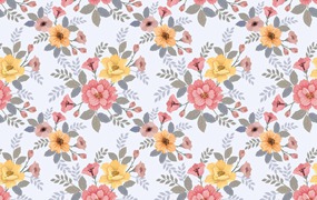 美丽的花朵和叶子无缝图案素材 Beautiful flowers and leaf seamless pattern.