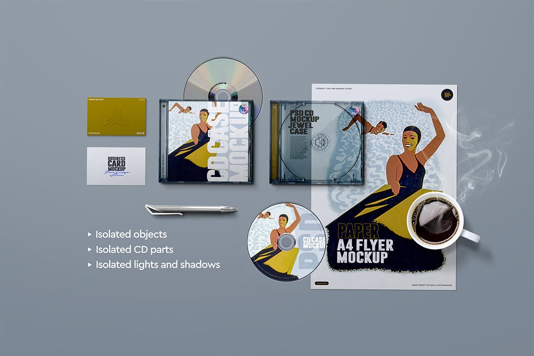 CD盒&名片&海报样机psd模板 Flyer Mockup A4 CD Case Business Card 样机素材 sucaiwan.com