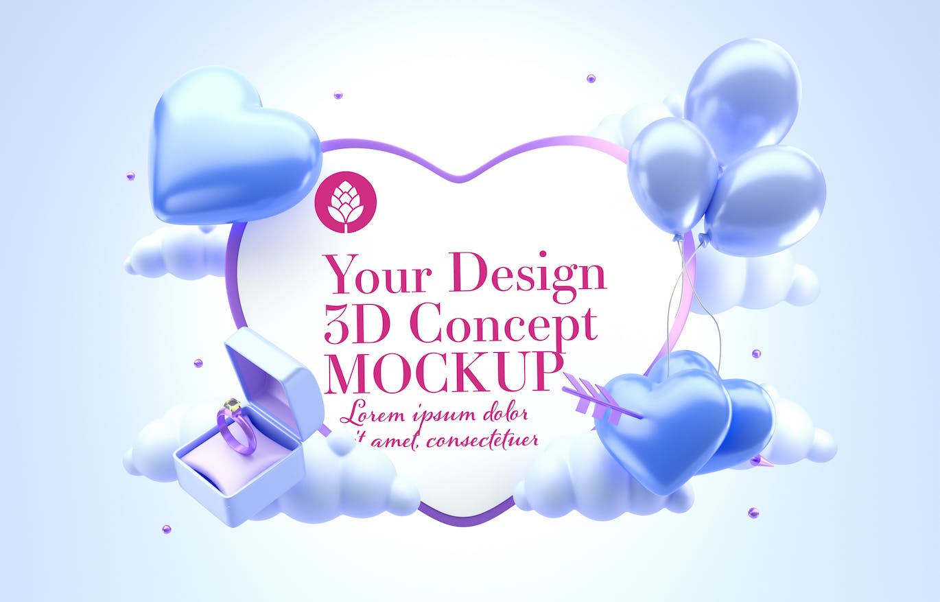 爱心情人节3D概念样机图psd素材 Set Valentine’s Day Concept Mockup 样机素材 sucaiwan.com