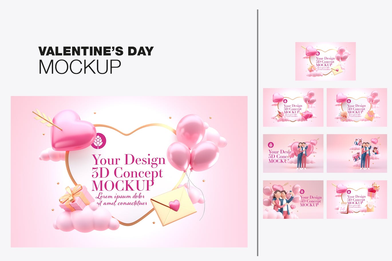 爱心情人节3D概念样机图psd素材 Set Valentine’s Day Concept Mockup 样机素材 sucaiwan.com