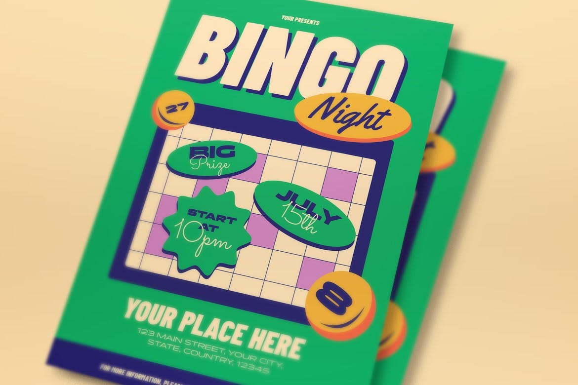 绿色平面设计宾果之夜海报模板下载 Green Flat Design Bingo Night Flyer Set 设计素材 sucaiwan.com