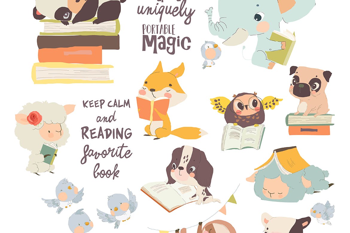 可爱的卡通动物阅读书籍矢量插画集 Vector Set of Cute Cartoon Animals reading Books 图片素材 sucaiwan.com