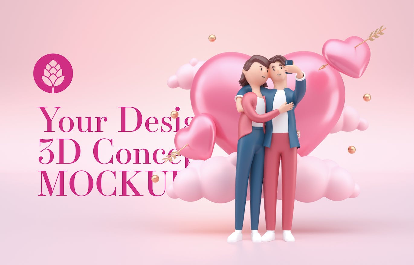 爱心情人节3D概念样机图psd素材 Set Valentine’s Day Concept Mockup 样机素材 sucaiwan.com