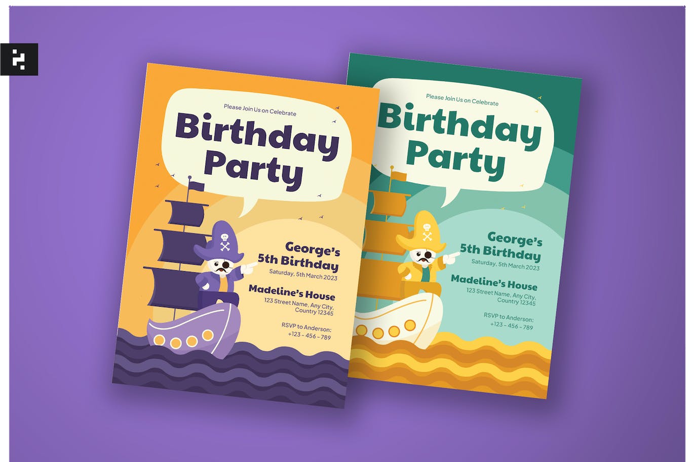 海盗主题儿童生日邀请函设计模板 Kids Birthday Invitation – Pirates Theme 设计素材 sucaiwan.com