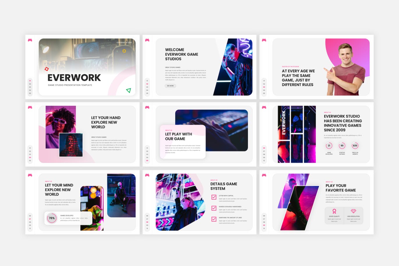 游戏工作室Powerpoint模板下载 Everwork – Gaming Studio PowerPoint Template 幻灯图表 sucaiwan.com