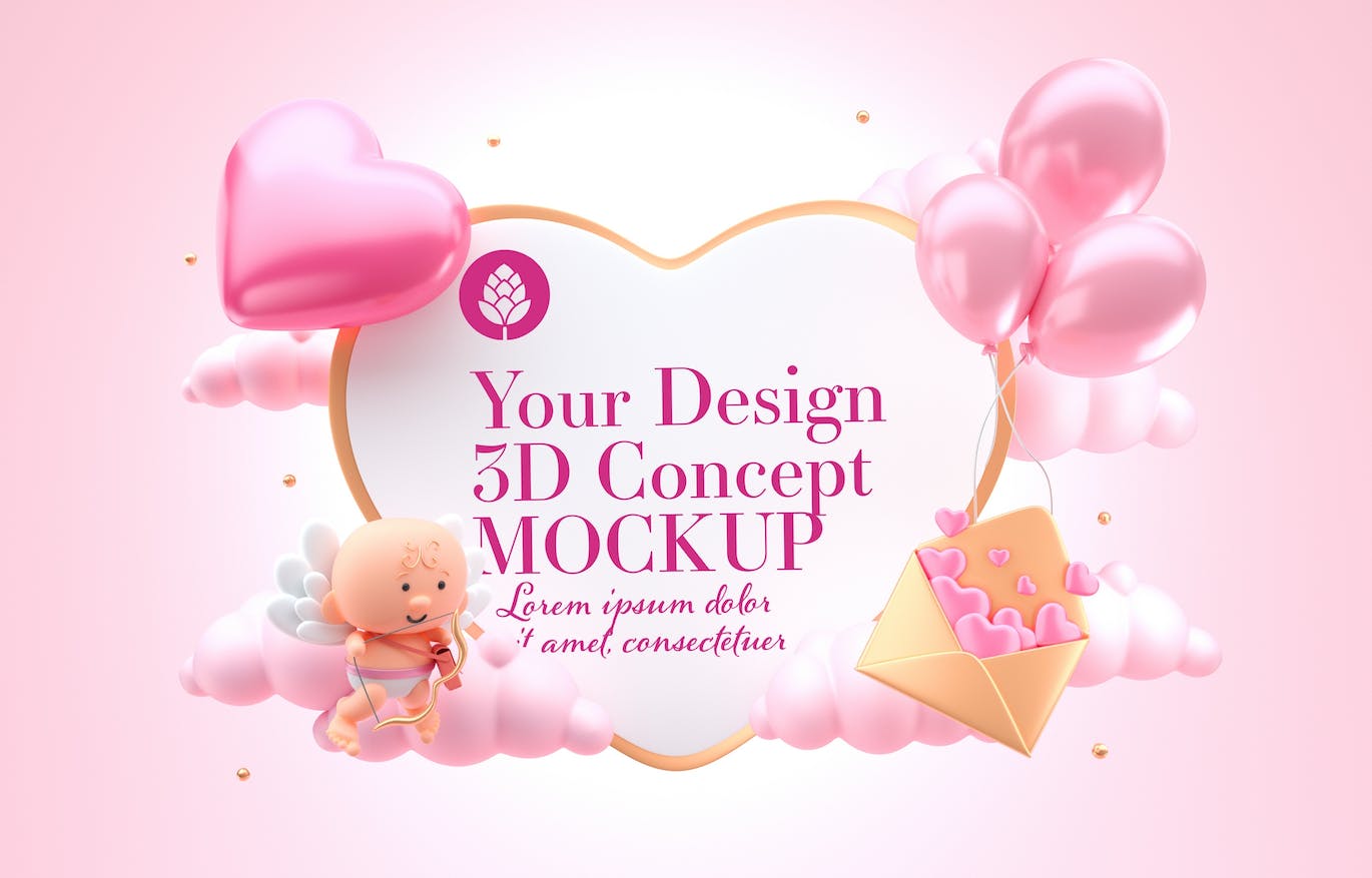爱心情人节3D概念样机图psd素材 Set Valentine’s Day Concept Mockup 样机素材 sucaiwan.com