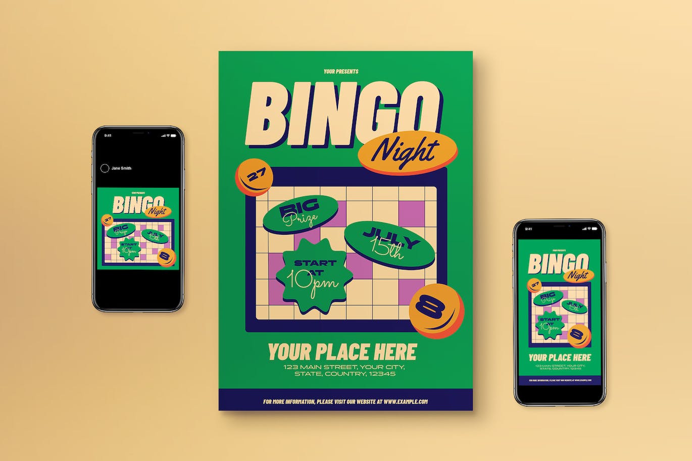 绿色平面设计宾果之夜海报模板下载 Green Flat Design Bingo Night Flyer Set 设计素材 sucaiwan.com