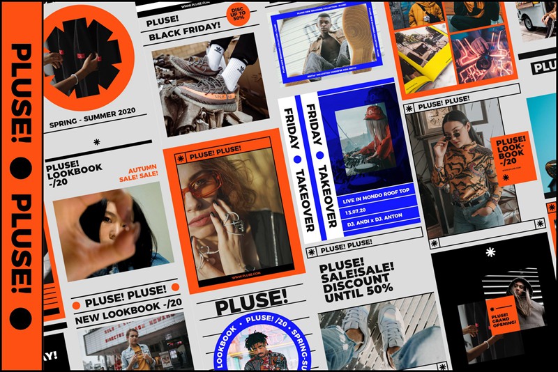 PLUSE! 大胆新潮现代抽象简约时髦错版文字社交媒体PSD模板 图片素材 第14张-素材湾丨精选海外优质设计素材资源 PLUSE! 大胆新潮现代抽象简约时髦错版文字社交媒体PSD模板 图片素材 sucaiwan.com
