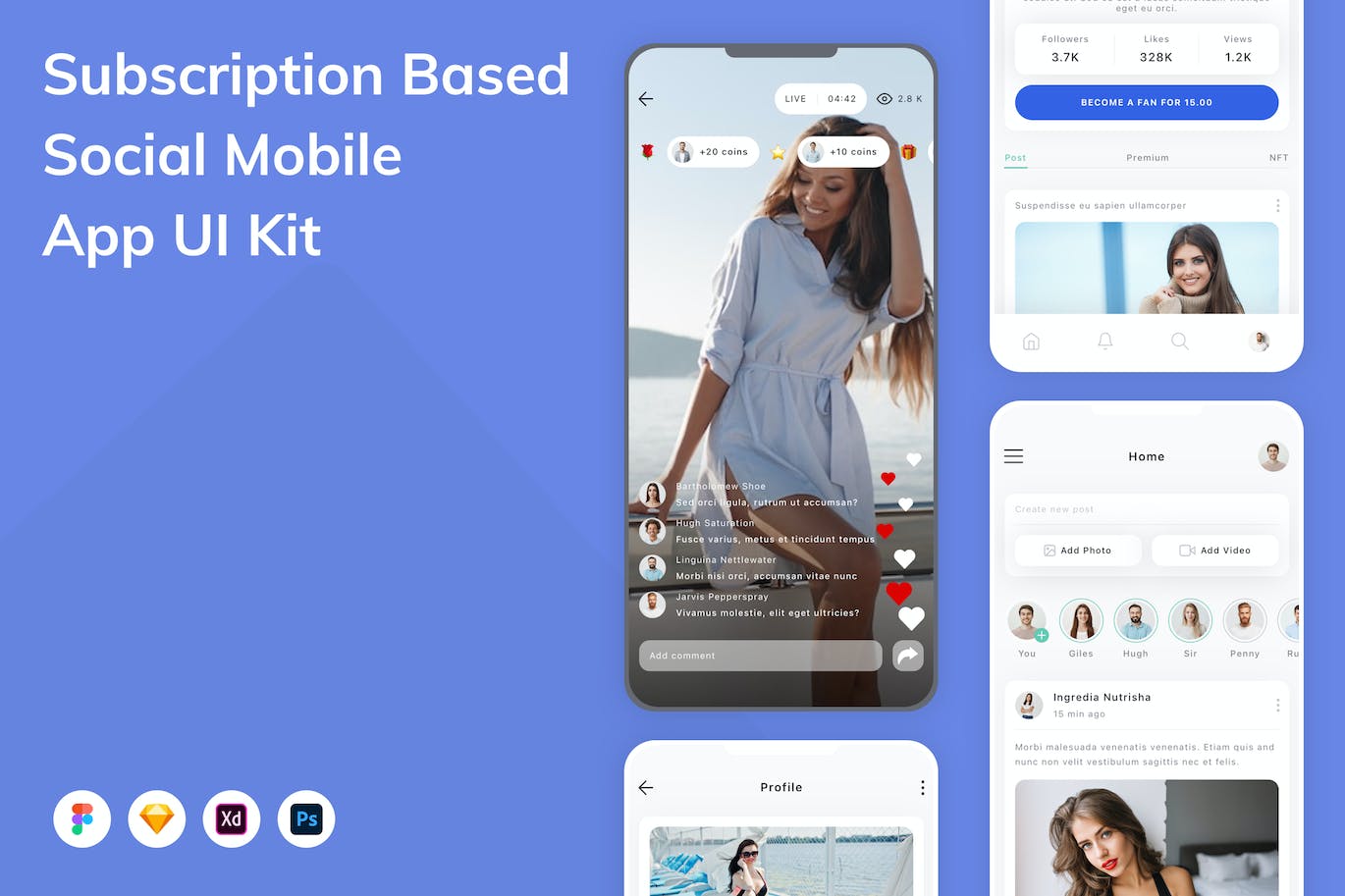 订阅式社交移动应用UI设计套件 Subscription Based Social Mobile App UI Kit APP UI sucaiwan.com