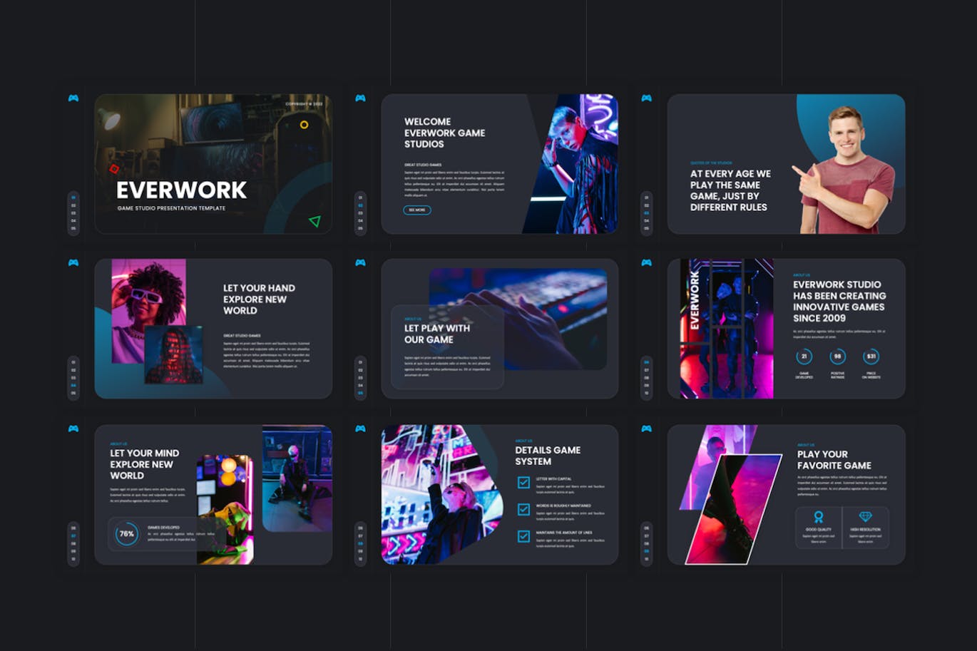 游戏工作室Powerpoint模板下载 Everwork – Gaming Studio PowerPoint Template 幻灯图表 sucaiwan.com
