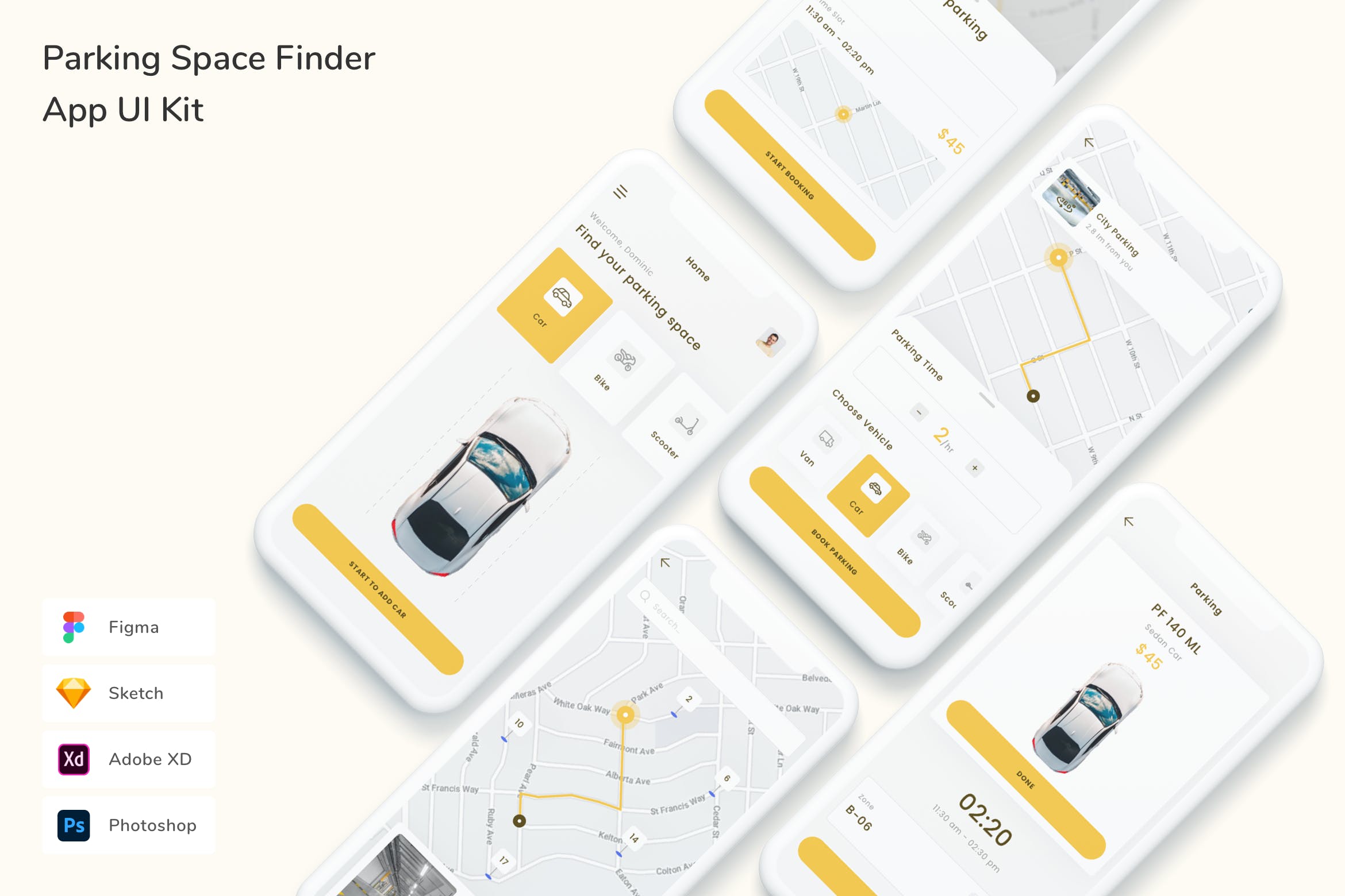 泊车位搜索移动应用UI设计套件 Parking Space Finder App UI Kit APP UI sucaiwan.com