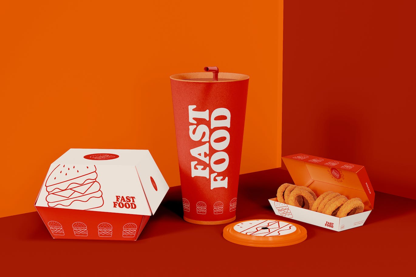 西式快餐盒装包装设计样机图 Fast Food Box Set Mockup 样机素材 sucaiwan.com