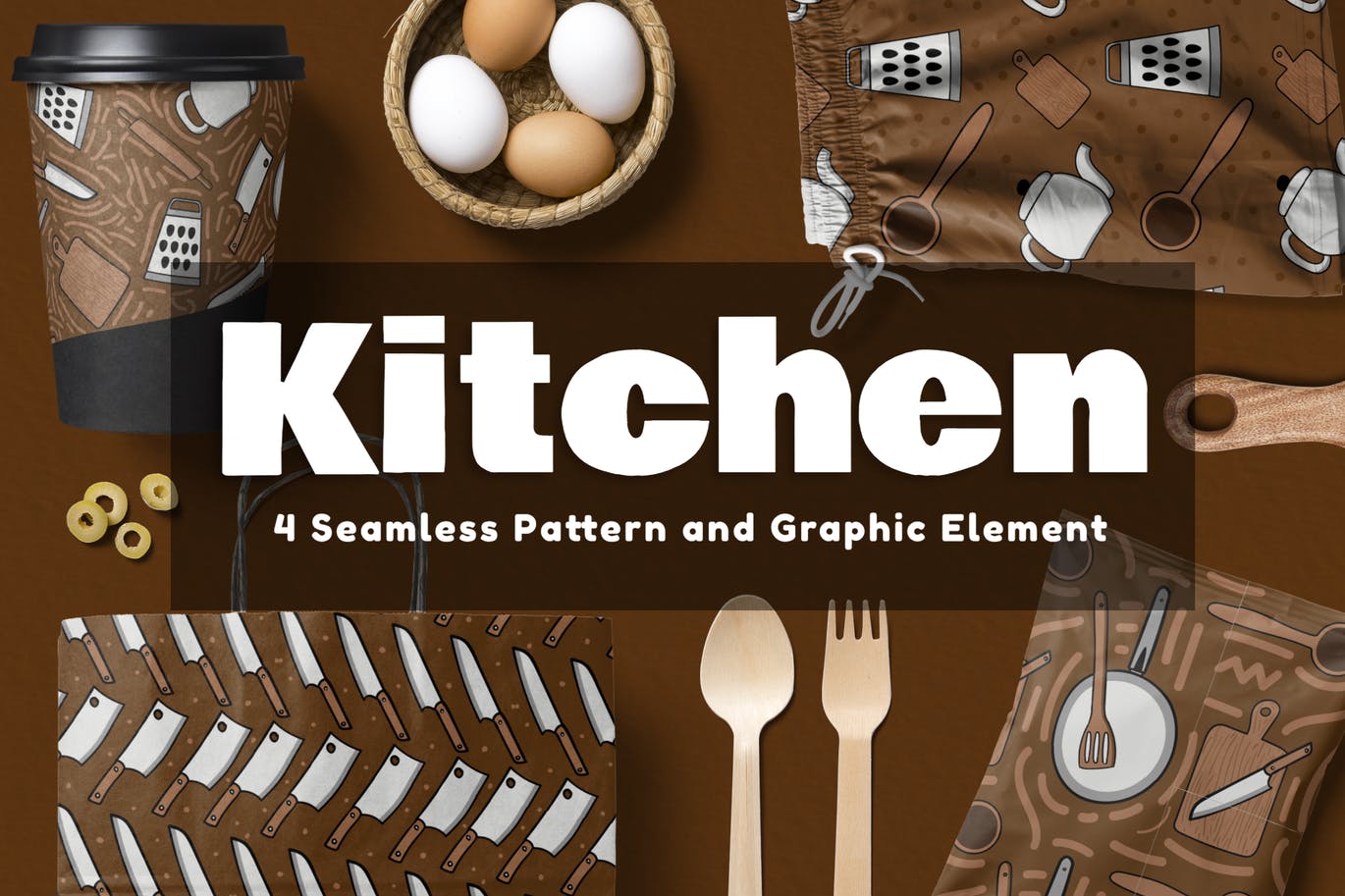 厨房用具无缝图案和元素 Kitchen Seamless Pattern and Element 图片素材 sucaiwan.com