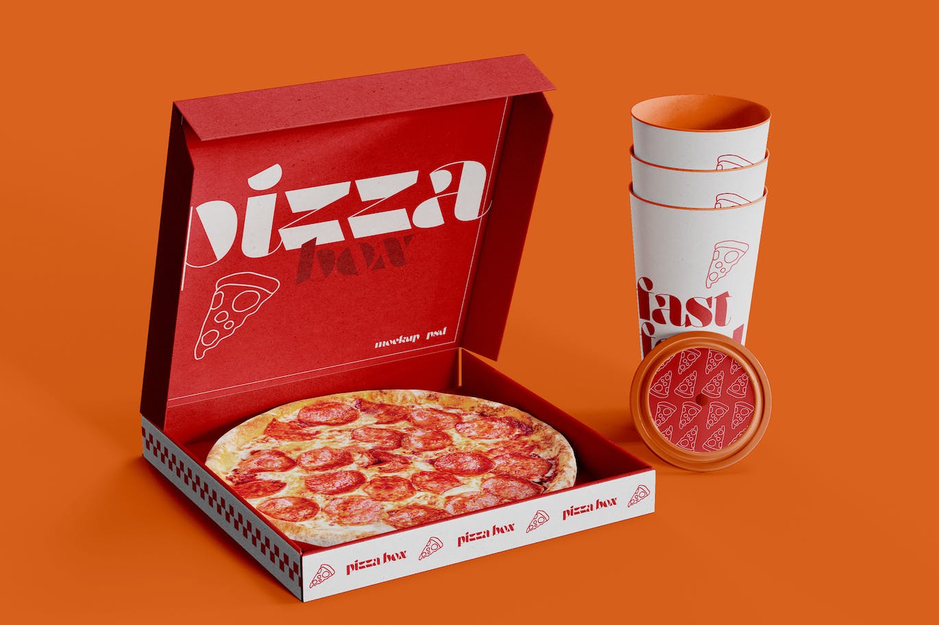披萨盒与纸杯品牌设计样机图 Pizza Box with Cardboard Cup Mockup 样机素材 sucaiwan.com