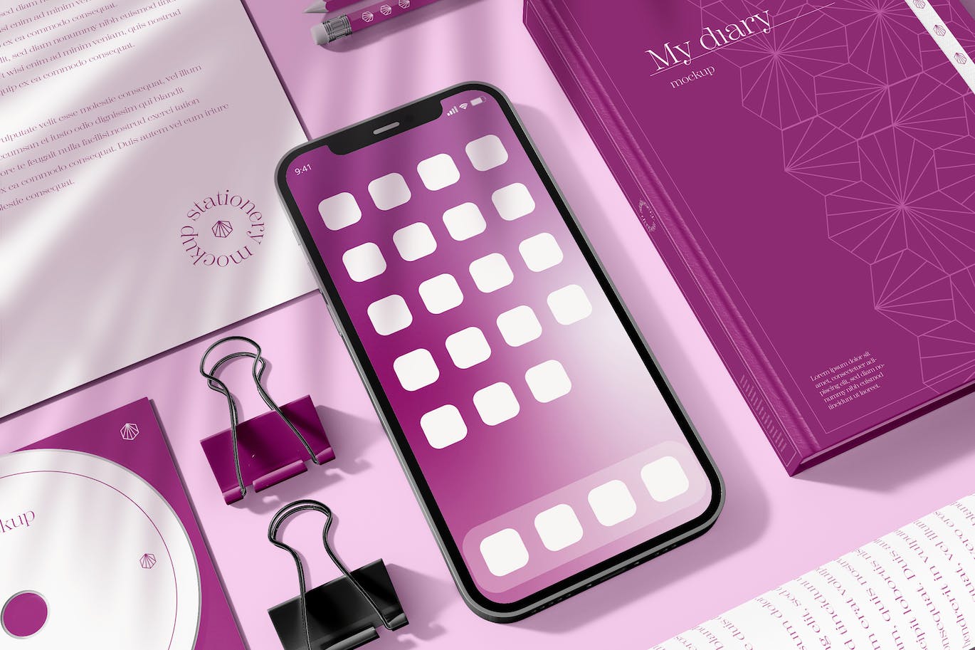 品牌手机&办公文具套装样机图 Branded Stationery Set Mockup 样机素材 sucaiwan.com