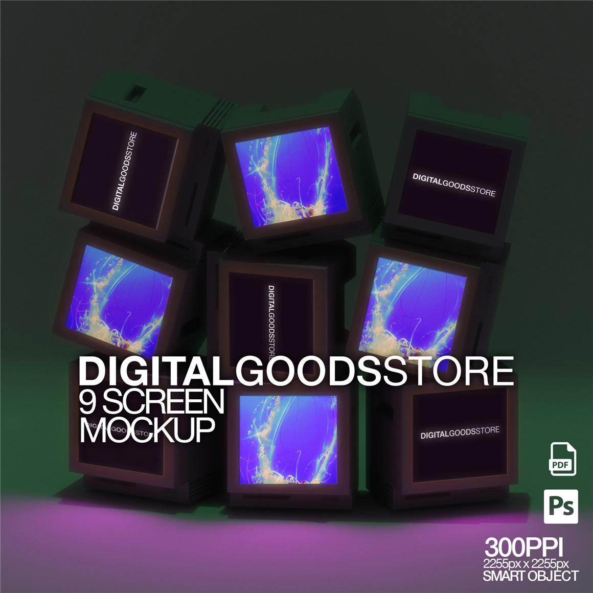 超酷地下嘻哈小众先锋机能酸性多个复古老电视屏幕PSD样机素材 DIGITALGOODSSTORE 9 SCREEN MOCKUP 样机素材 sucaiwan.com